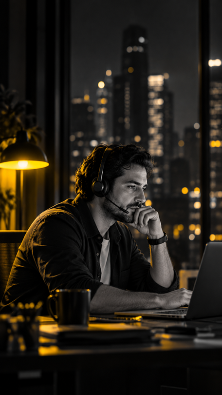 Black-and-white photo of a man wearing a headset, resting his chin on his hand while working at a laptop beside a warm yellow lamp, with a city skyline at night behind him