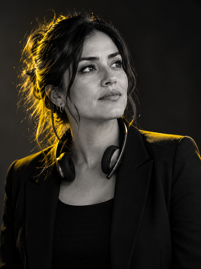Black-and-white portrait of a woman with a headset around her neck, lit with yellow rim light