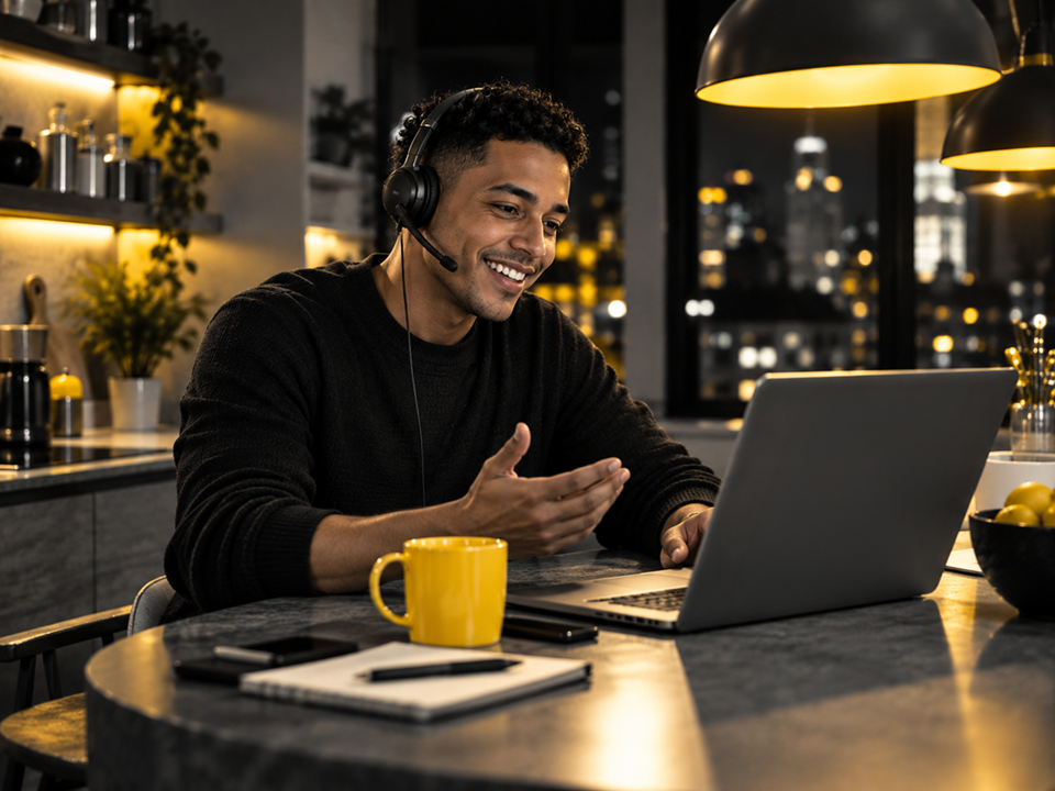 Customer support on a headset video call from a home desk, with a laptop, a notebook and a yellow mug