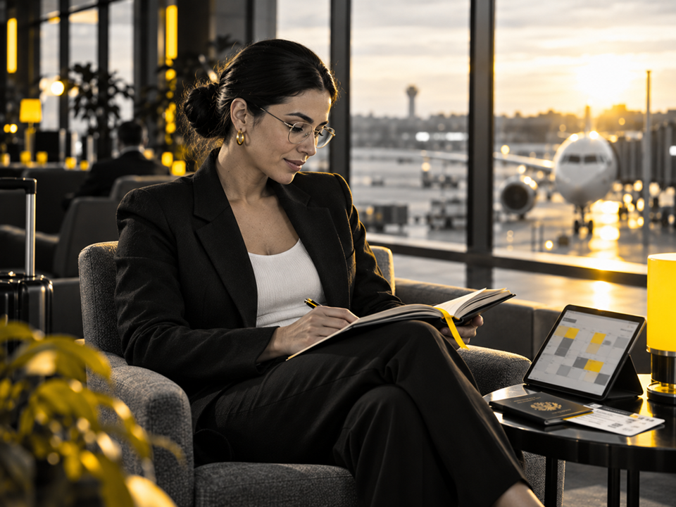 Planning travel in an airport lounge: handwritten notes, a tablet with a calendar and a passport on the table