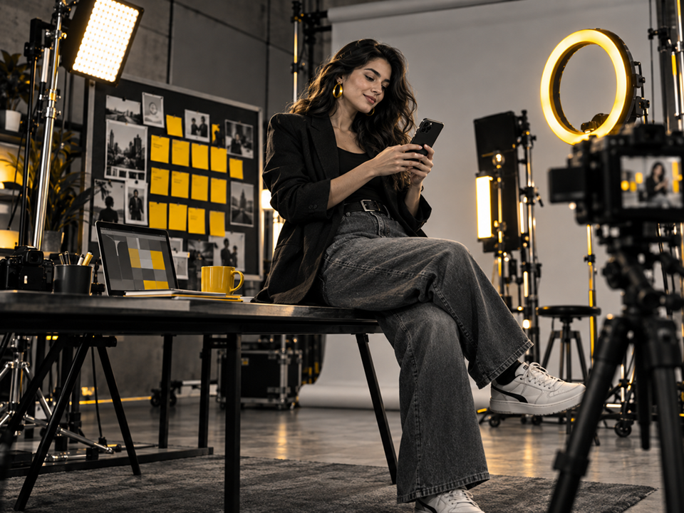 Social content planning in a studio with a ring light, a camera, an inspiration board and a laptop