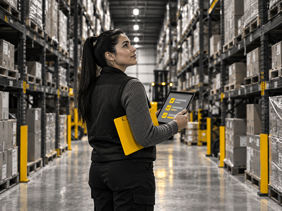 Inventory check in a warehouse aisle with a tablet checklist and a clipboard