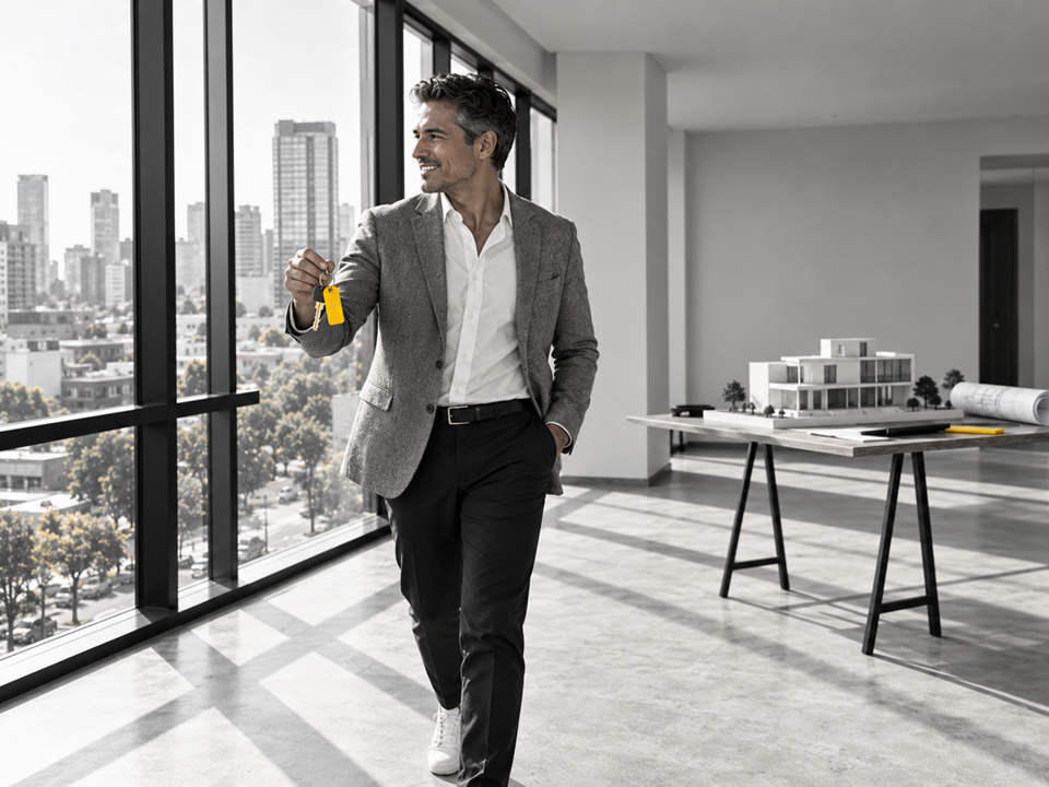 Property showing in a bright apartment with city views, keys in hand and an architectural model on a table