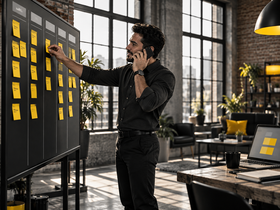 Sales pipeline on a wall board of yellow sticky notes while a phone call is taken in a loft office