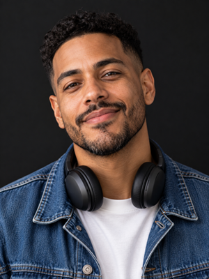 Man with short curly hair and a beard, wearing headphones around his neck and a denim jacket, against a dark background