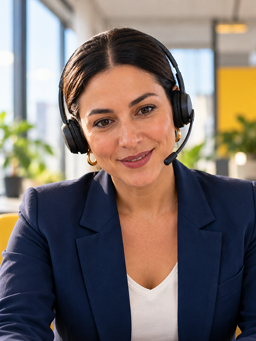 Smiling woman in a navy blazer wearing a headset, in a bright office