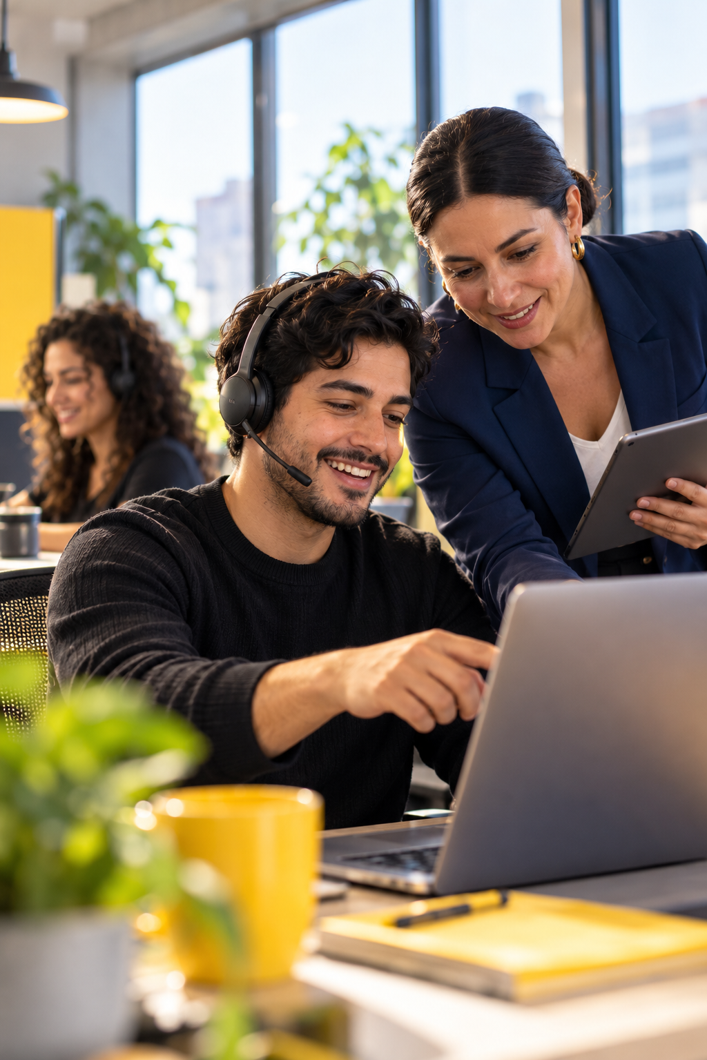 Smiling man wearing a headset and pointing at a laptop screen while a woman in a navy blazer leans in holding a tablet, in a bright office with a yellow wall